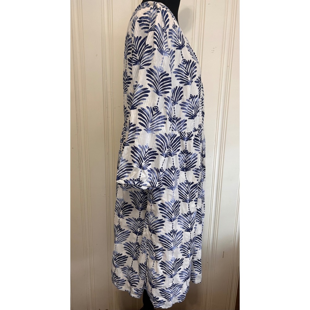 J. Jill Blue White Cotton Dress XL Coastal Boho Vaca Resort Tropical Split Neck - Picture 4 of 11
